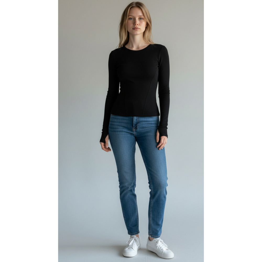NWT TA3 Black Shapey Crew Neck Top Open Back Long Sleeve Size Small